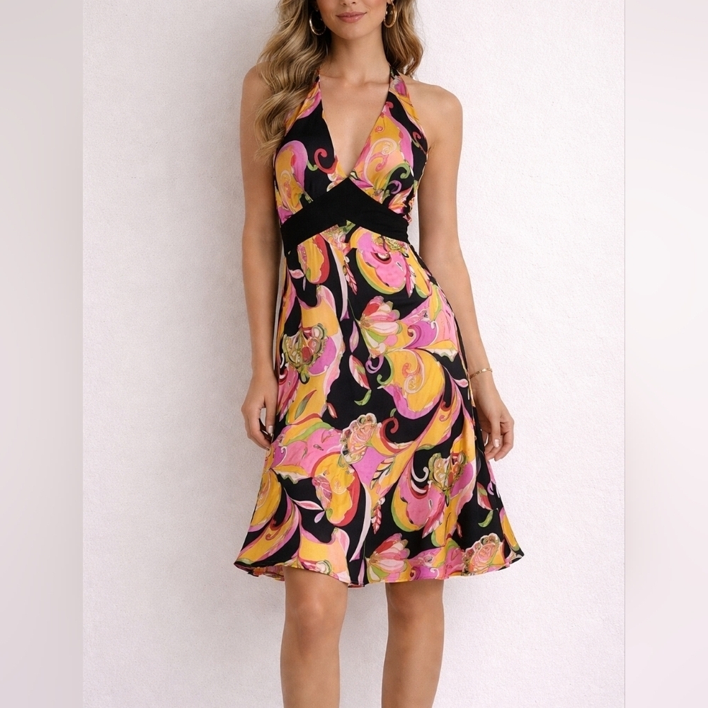 Vtg ROBBIE BEE Vibrant Multicolor Floral Mod Satin Halter Silk Dress